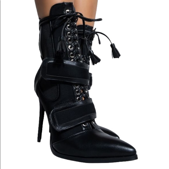 Dolls Kill Black Vegan Leather Pointed Toe High Heel Ankle Booties - Picture 2 of 4